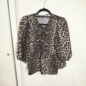 Leopard Print Puff Sleeve Tie Top, size XS